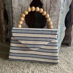Savanna navy and tan stripe purse. Wooden bead handle.